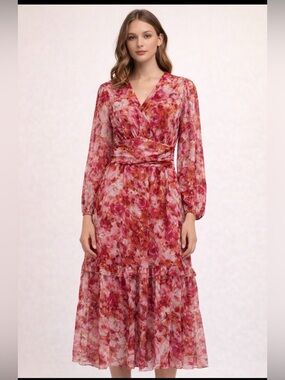 Stunning Pink and Rust Floral Tiered Maxi Dress